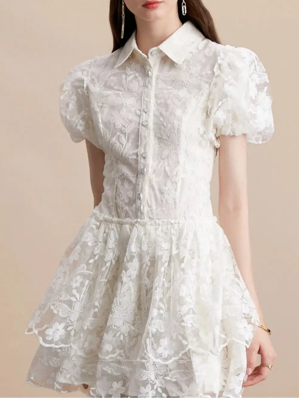 Lace Puff Sleeve Mini Dress