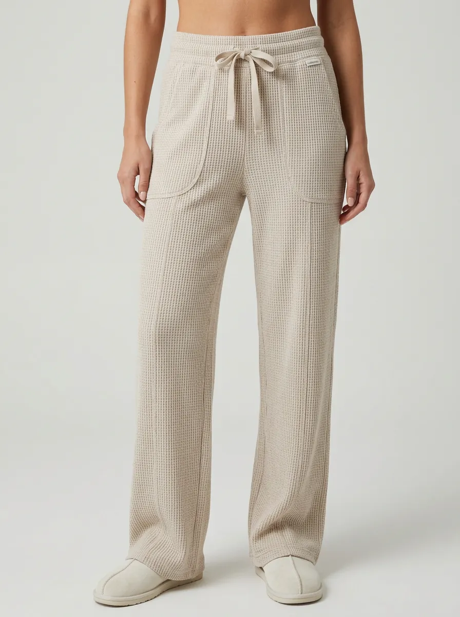 Women's Casual Lounge Waffle Knit Drawstring Wide Leg Pants