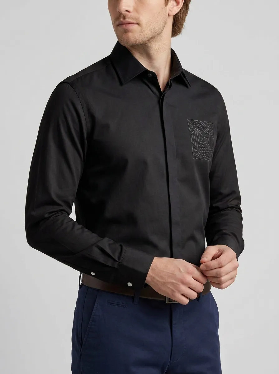 Men's Non-Iron Cotton Geometric Pattern Embroidered Long Sleeve Shirt