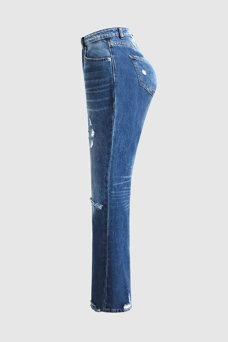 Ripped Low Waist Straight Leg Jeans