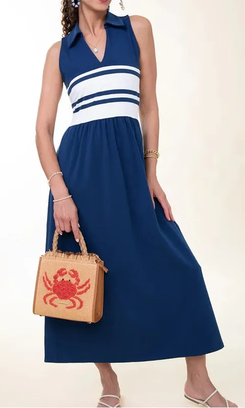 Navy White Stripe Sleeveless Midi Dress