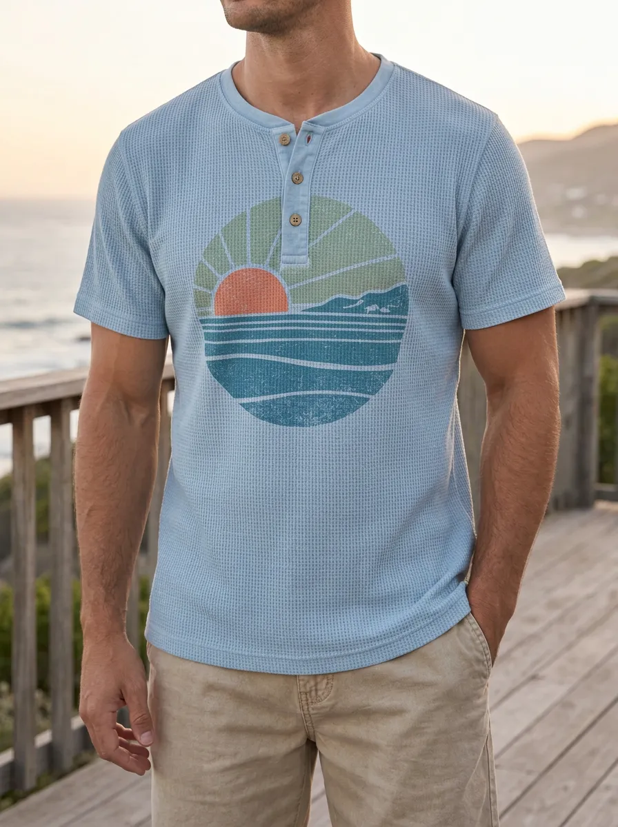 Men's Beach Sunset Ocean Graphic Printed Henley T-shirt