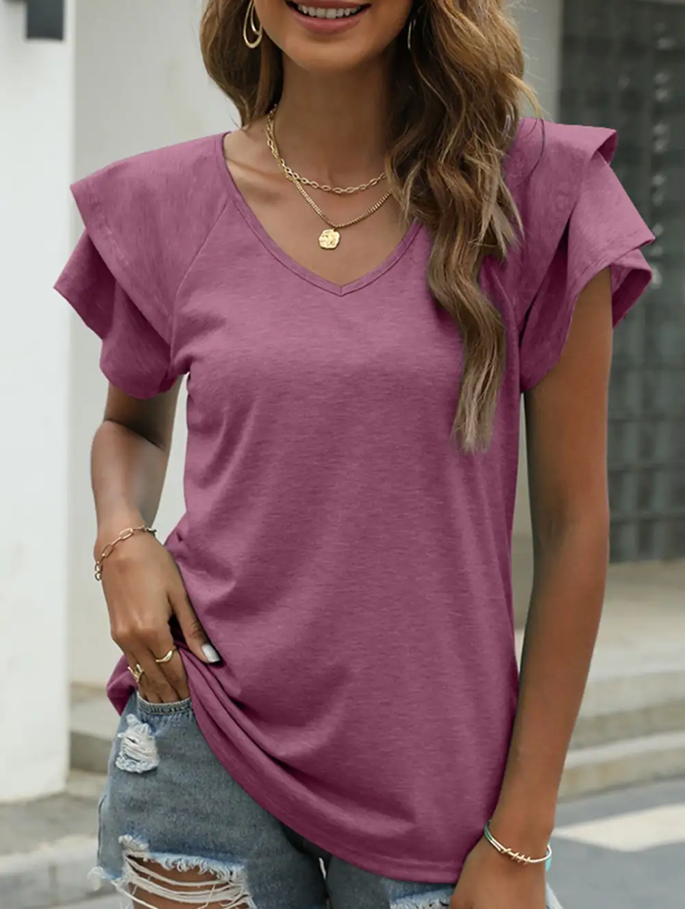 V Neck Double Layer Ruffle Sleeve Tank Top