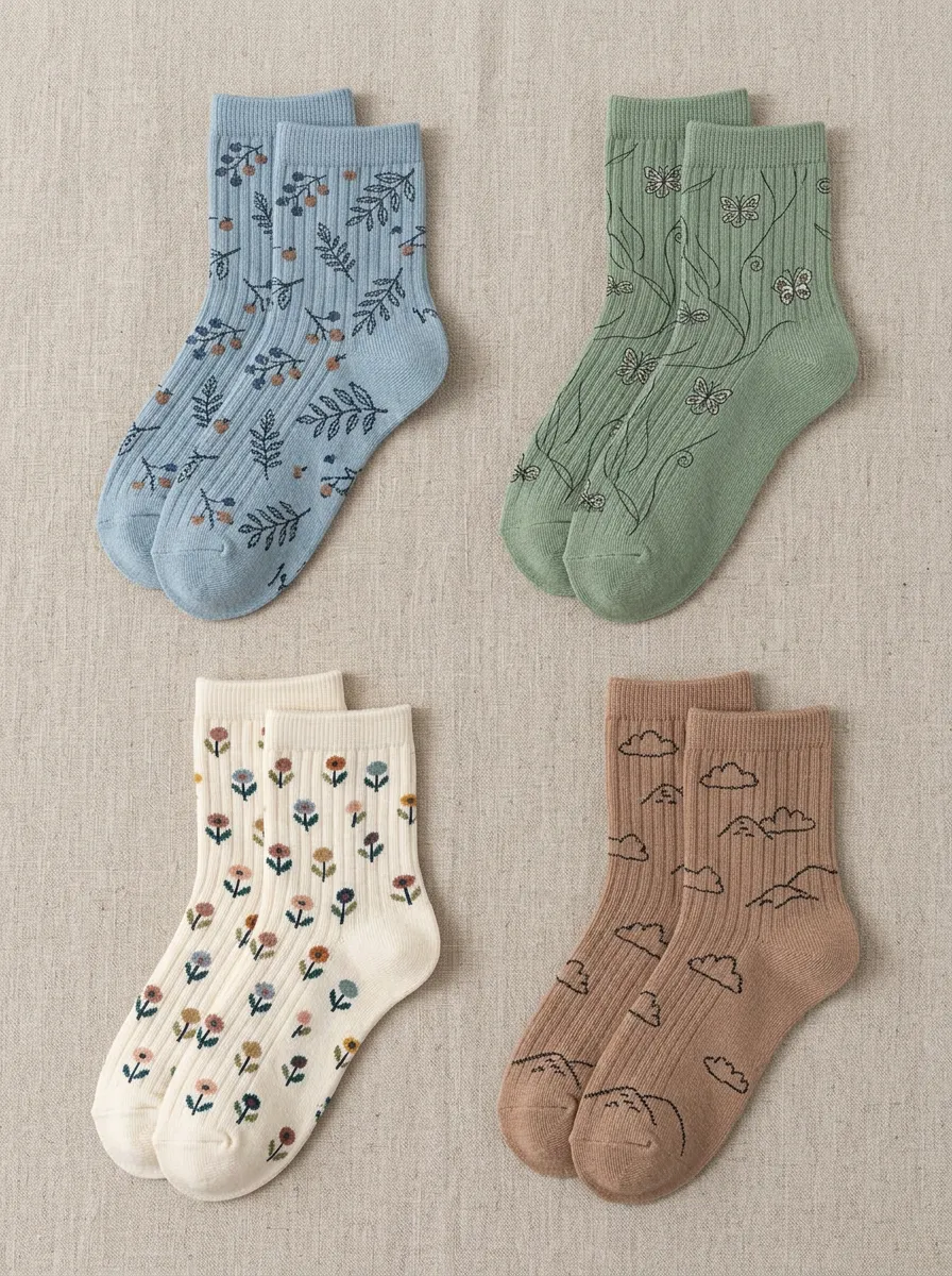 Women's Butterfly Floral Ribbed Crew Socks Four Pair Set