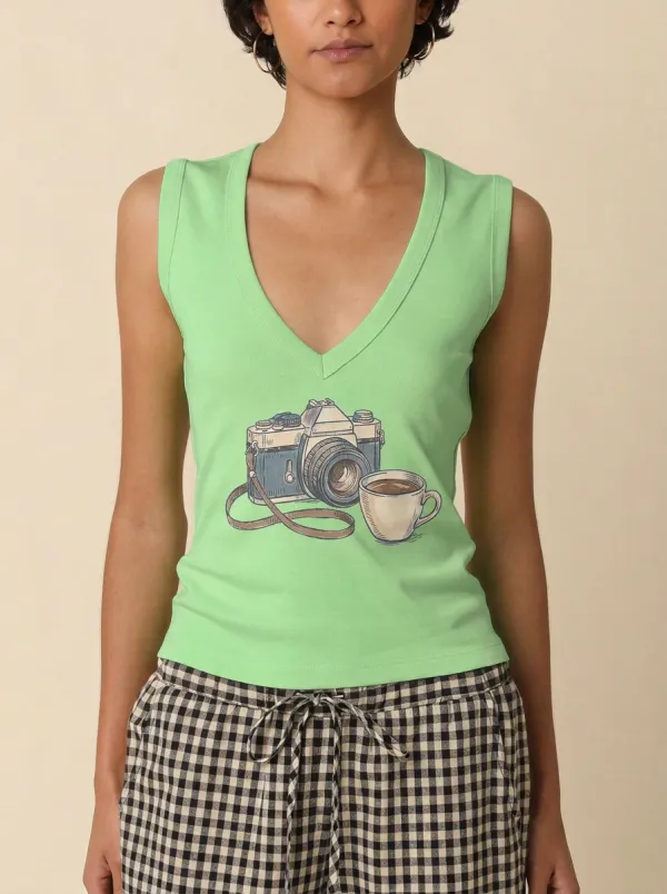 Women's Photography Coffee-Inspired Camera Cup Printed Tank Top