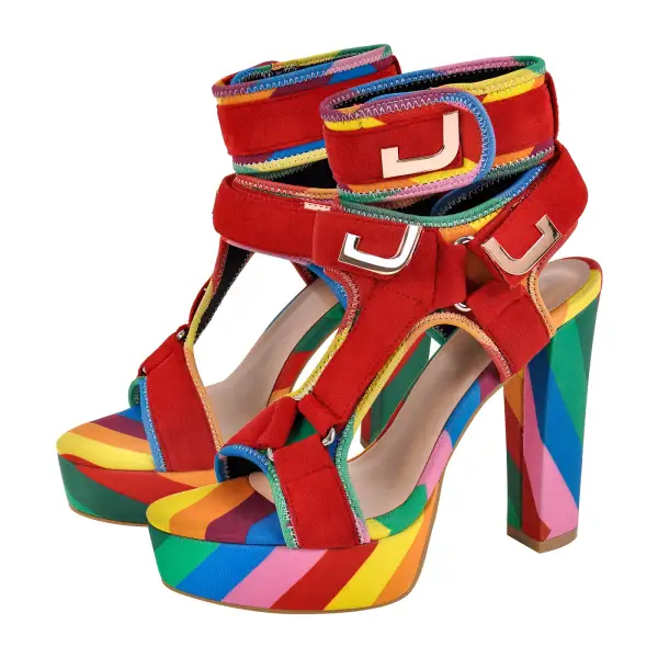 Canvas Ankle Strap Chunky Heel Sandals