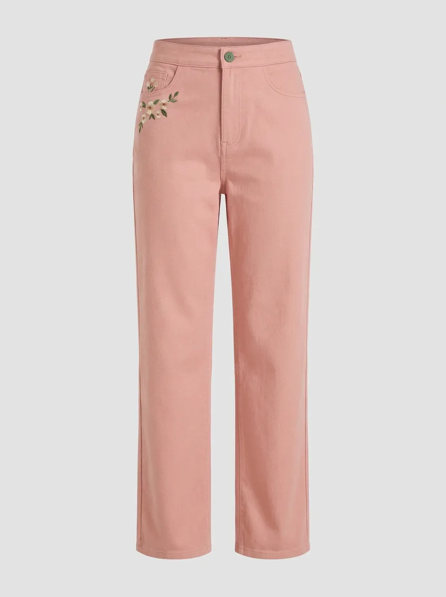 Women's Floral Embroidery Olive Green Mid-Rise Straight Leg Pants