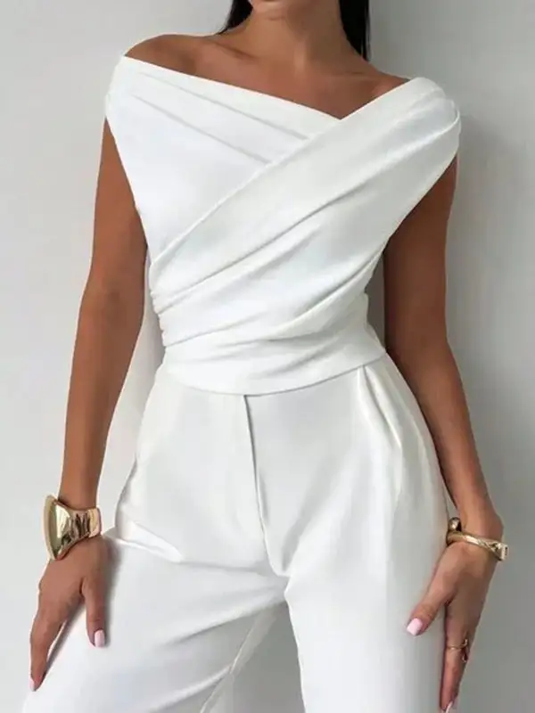 Short Sleeve Slim Fit Asymmetric Pleat Detail Panel Detail Asymmetric Neckline T-Shirt