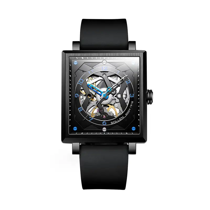 Sollen SL205 Men's Square Skeleton Automatic Mechanical Watch - 35x38mm Stainless Steel Case Sapphire Crystal Open Dial Fluororubber Strap Wristwatch