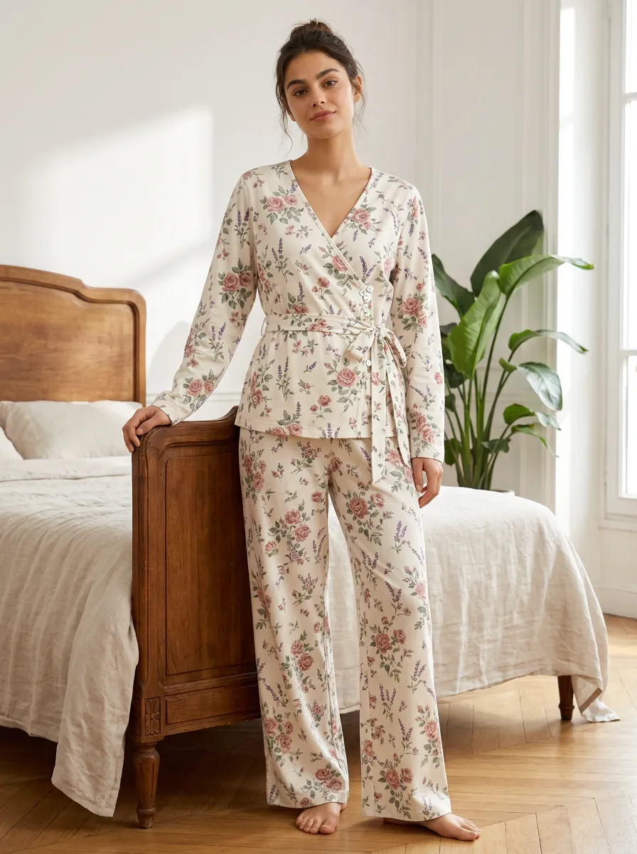 Women's Botanical Print Loungewear Set with Side Tie and Button Closure