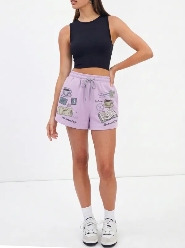 Women's Travel Book Coffee Lover Stamp Printed Shorts