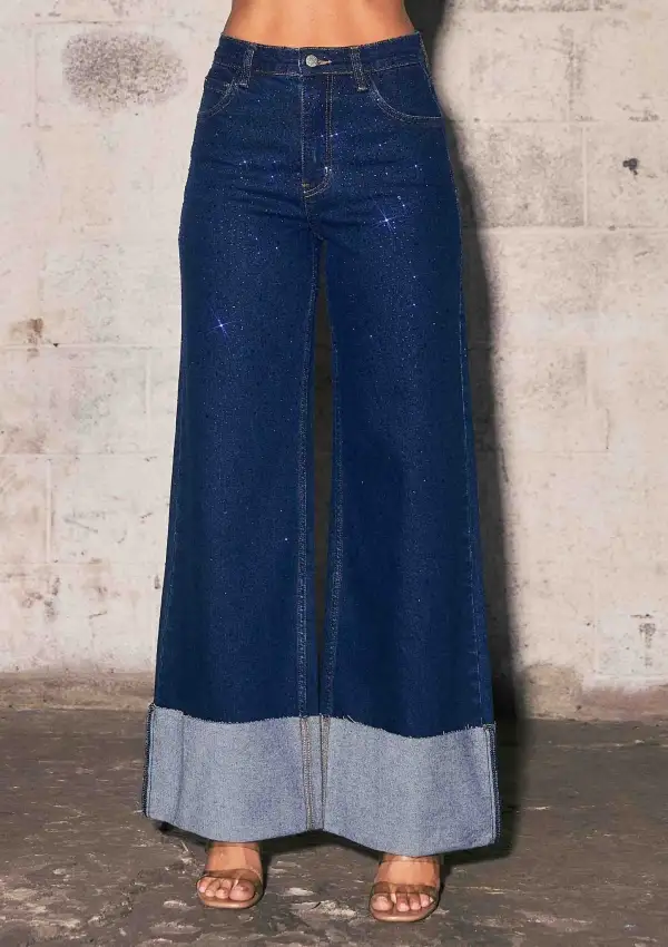 Folded Cuff Rhinestone Wide Leg Jeans