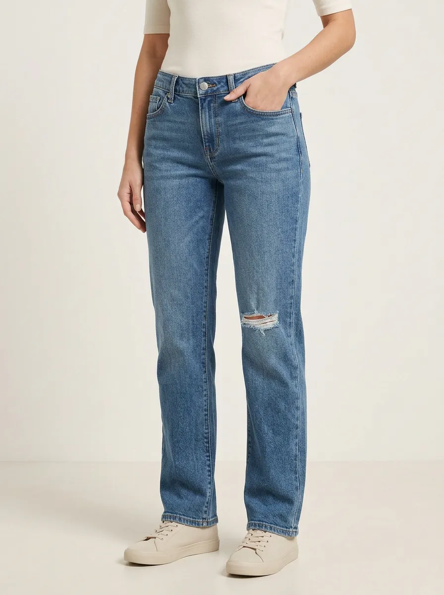 Women's Faded Left-Knee Distressed Mid-Rise Straight-Leg Jeans