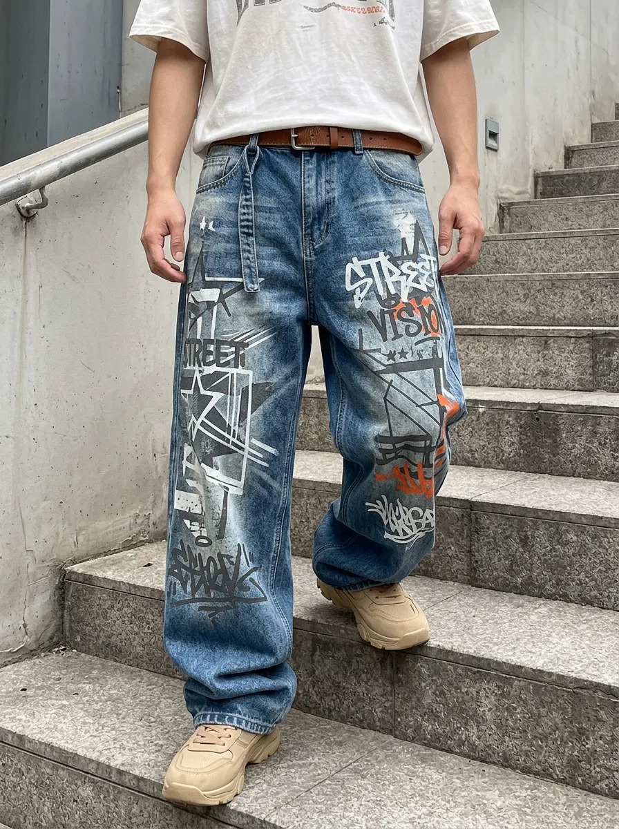 Unisex Statement Streetwear Graffiti Star Jeans