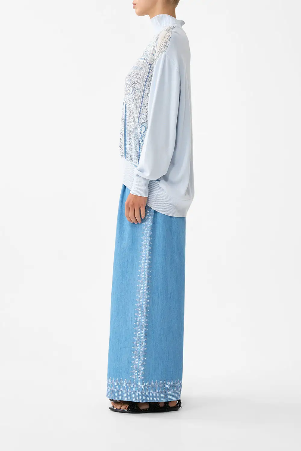 Silk Front Turtle Neck Knit Top