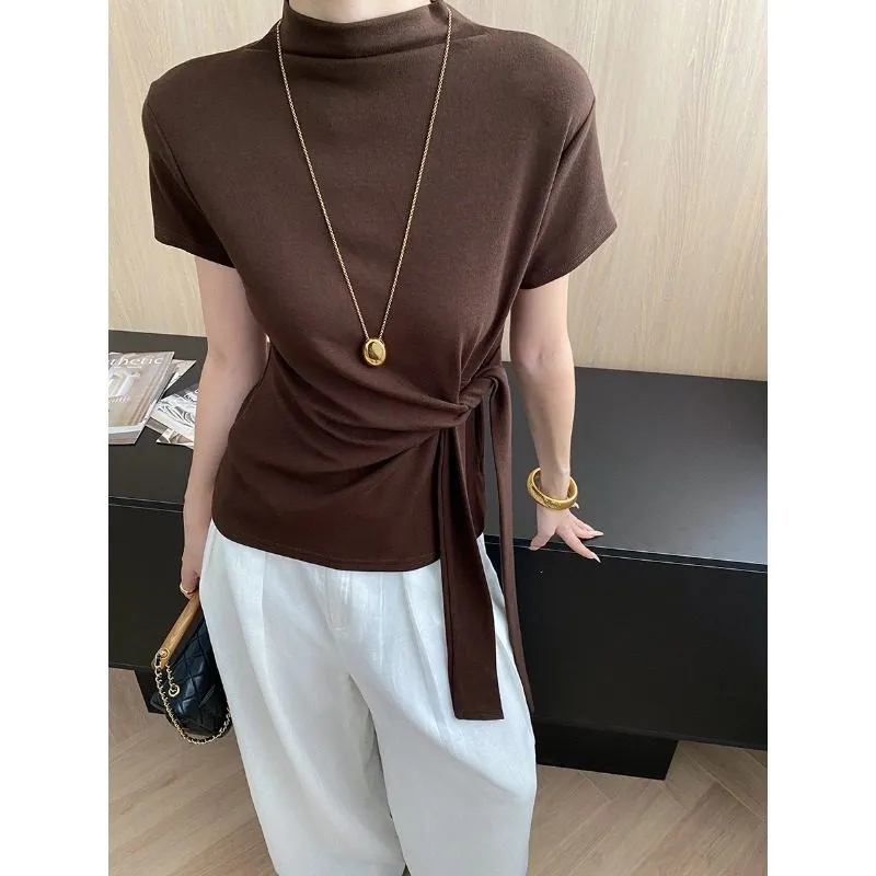 Versatile Semi-High Neck Tie-Waist Short Sleeve T-Shirt