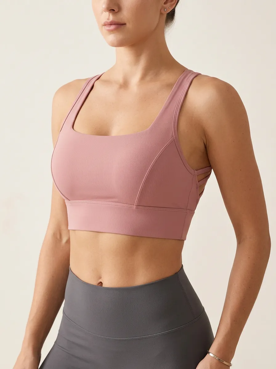 Women's Square Neck Strappy Back Ribbed Sports Bra