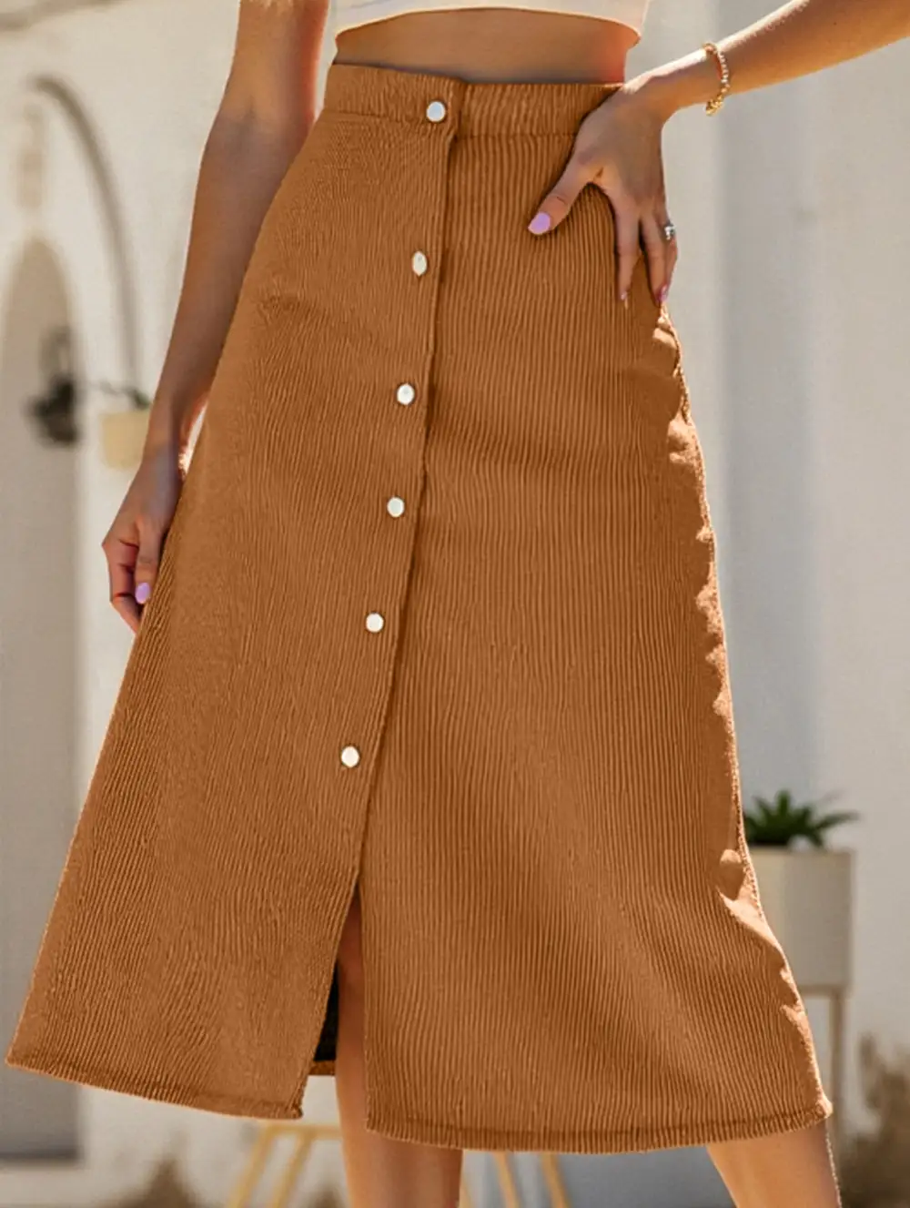 Corduroy Button Front Midi Skirt