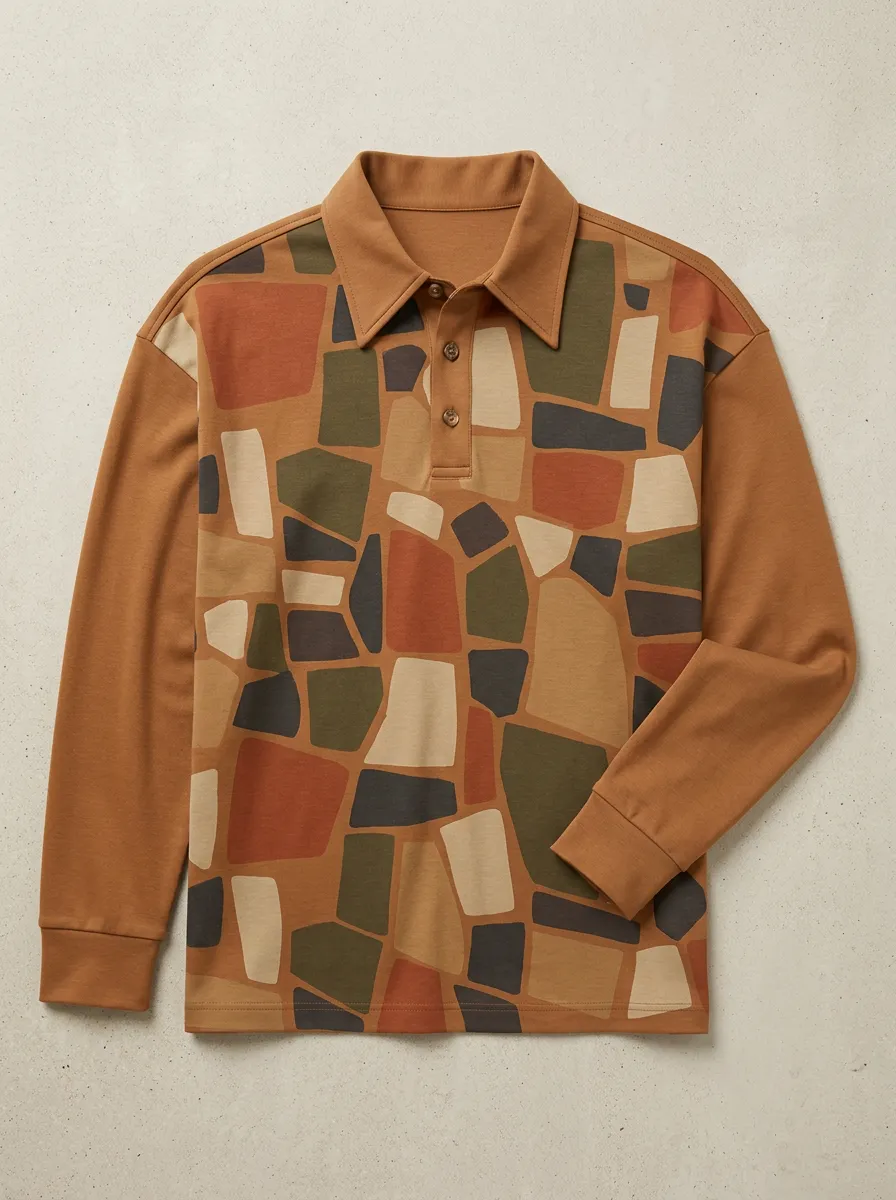 Men's Abstract Geometric Mosaic Printed Long Sleeve Polo Shirt
