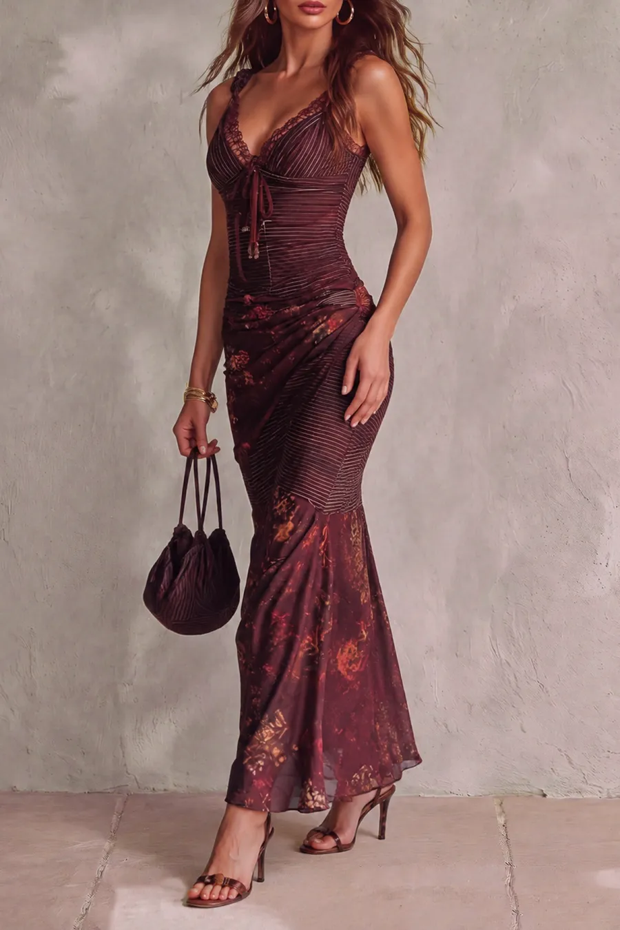 Lace Trim Lace Striped Maxi Dress