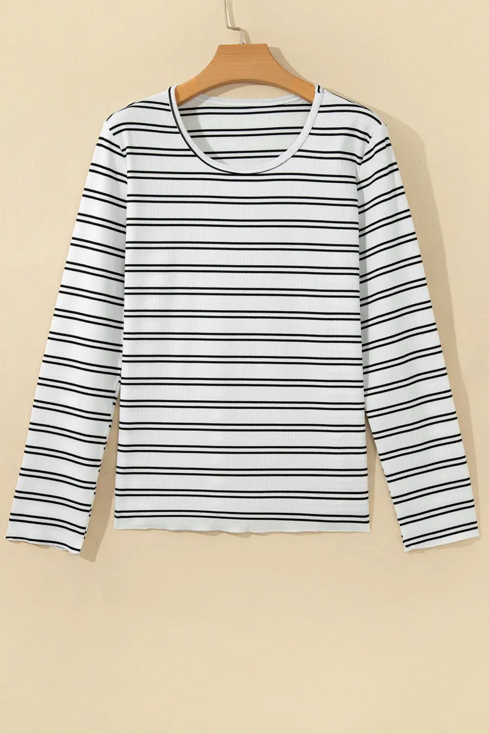 Striped Round Neck Ribbed Stretch Fabric Long Sleeve Top