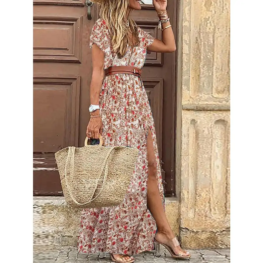 Full Size Printed V Neck Short Sleeve Maxi Dress Plus Size