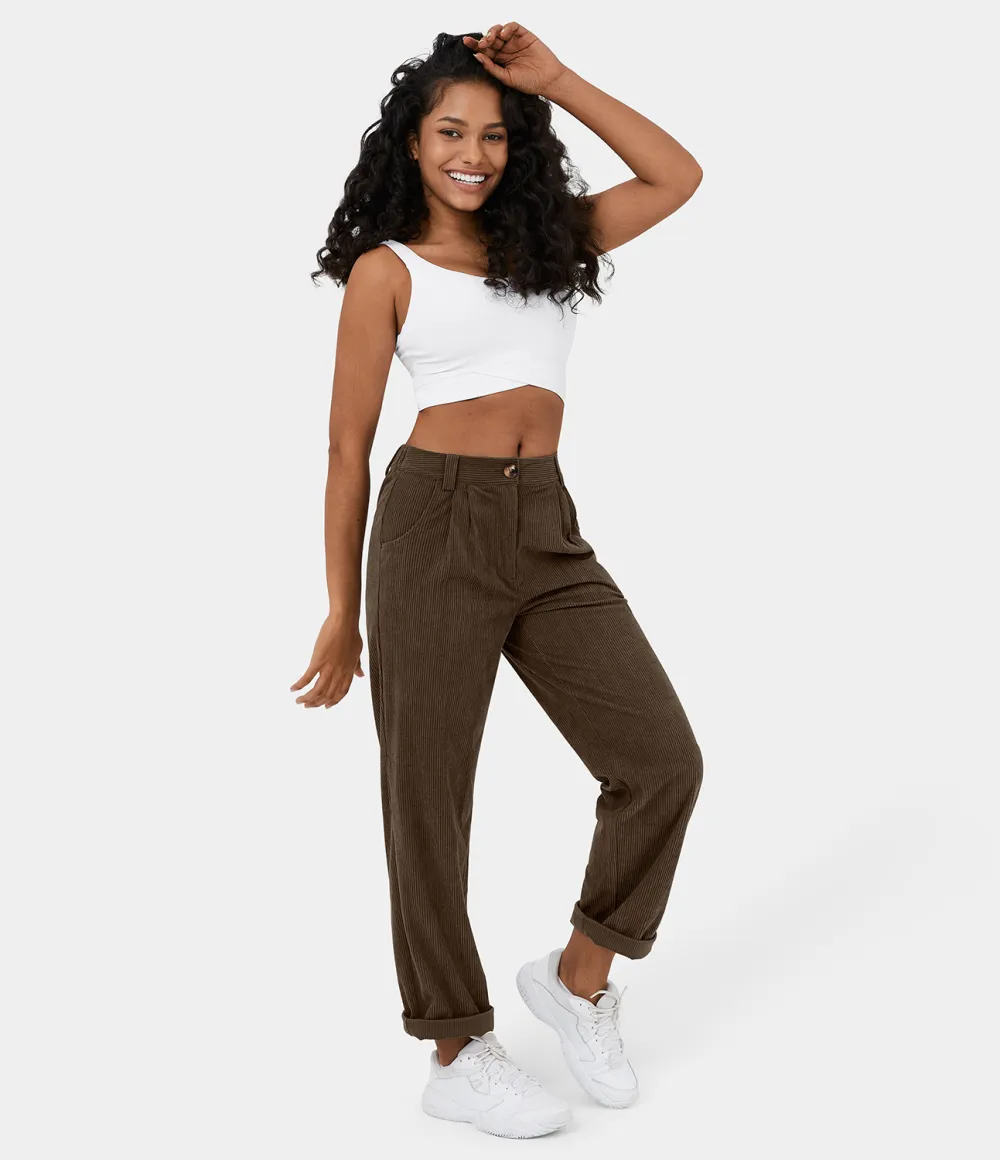 Mid Rise Button Zipper Side Pocket Corduroy Casual Pants