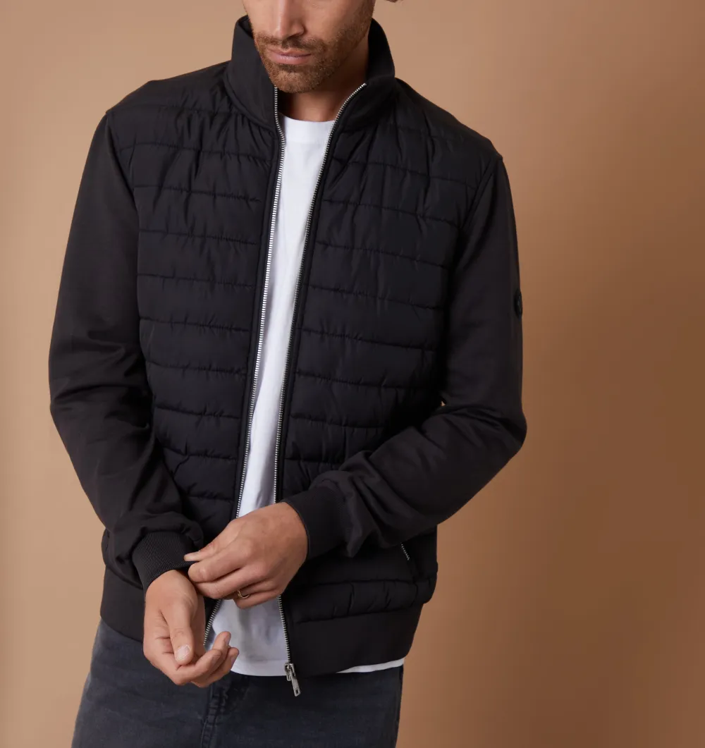 Men's Black Quilted Hybrid Funnel-Neck Jacket