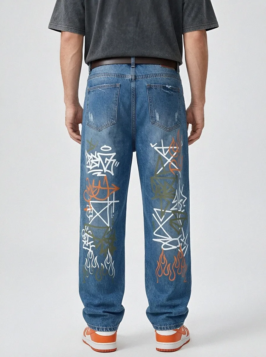 Unisex Statement Streetwear Graffiti Flame Jeans