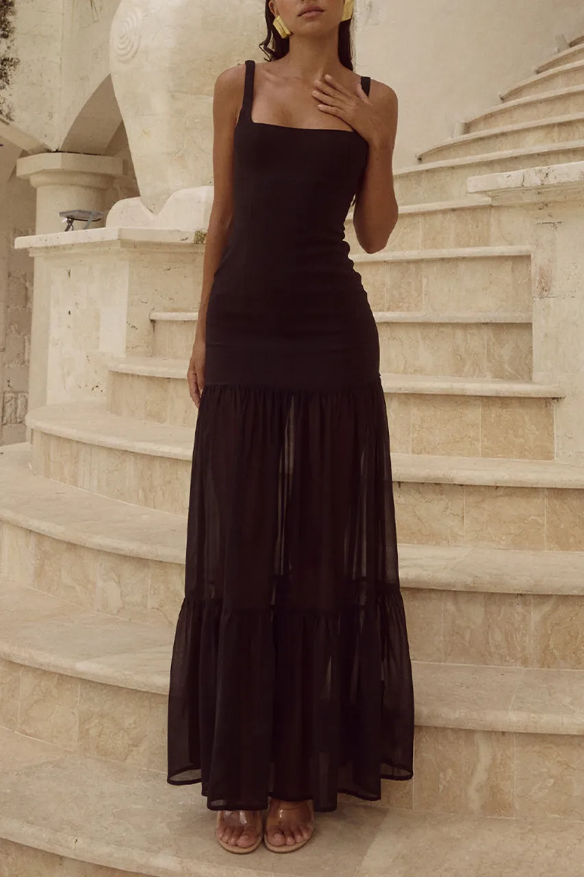 Square Neck Sheer Hem Maxi Dress
