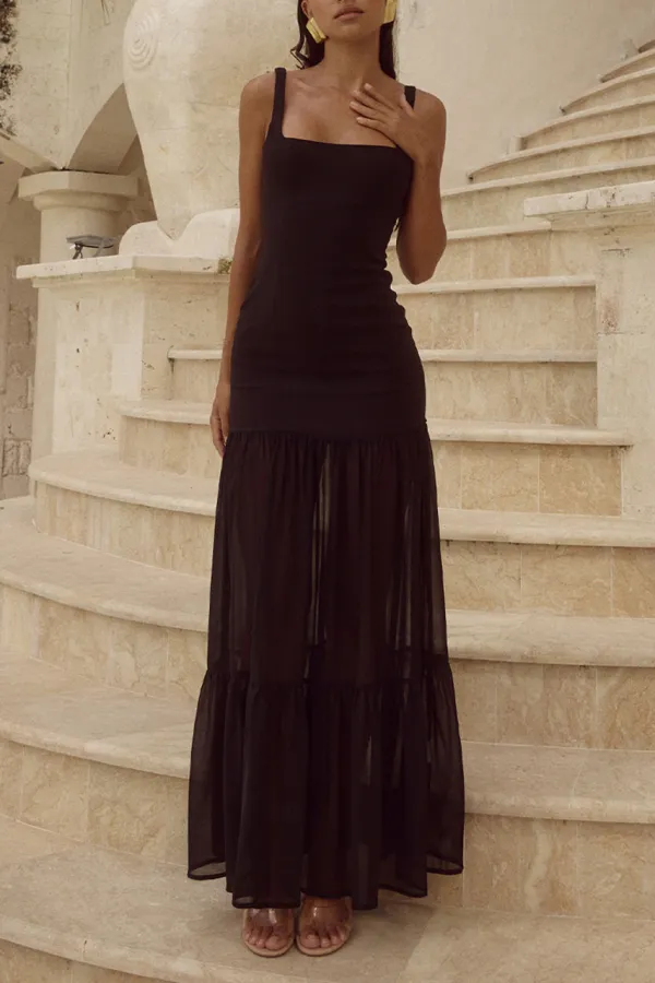 Square Neck Sheer Hem Maxi Dress