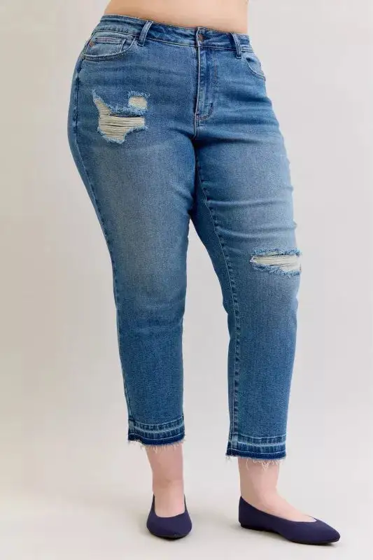 Mid Rise Raw Hem Distressed Boyfriend Jeans