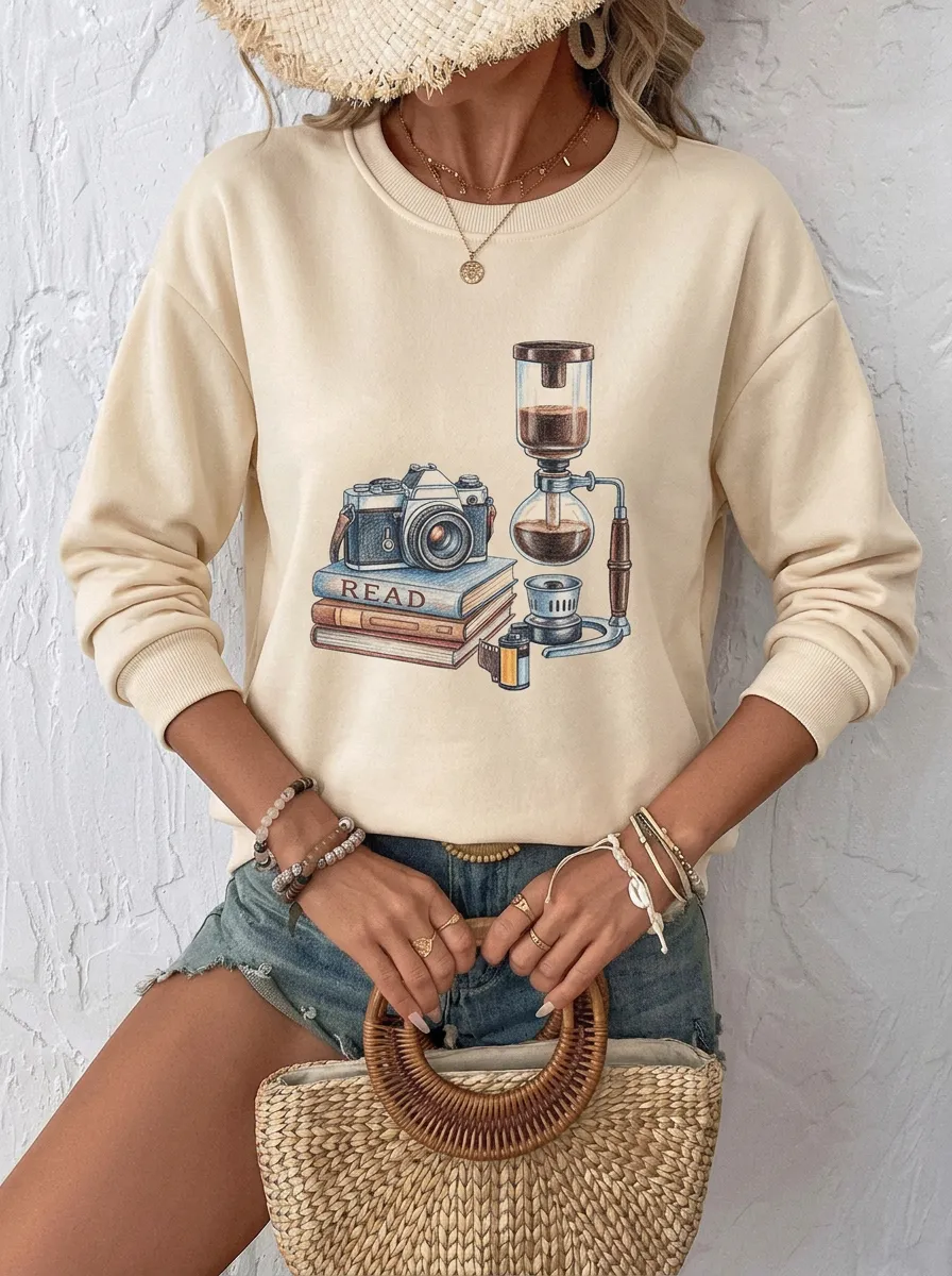 Women's Hobby Lover Camera Books Coffee Graphic Sweatshirt