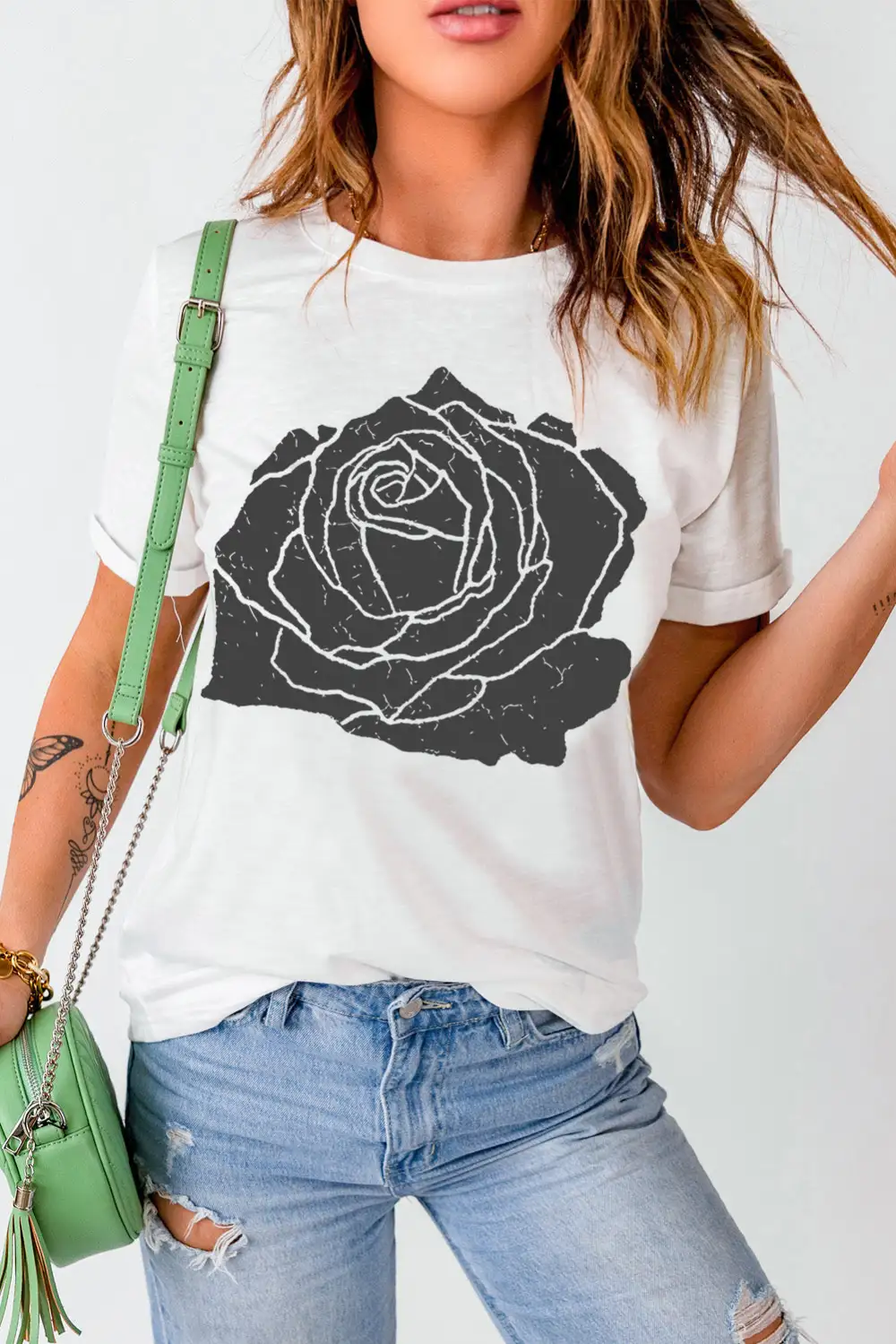 White Large Rose Print Round