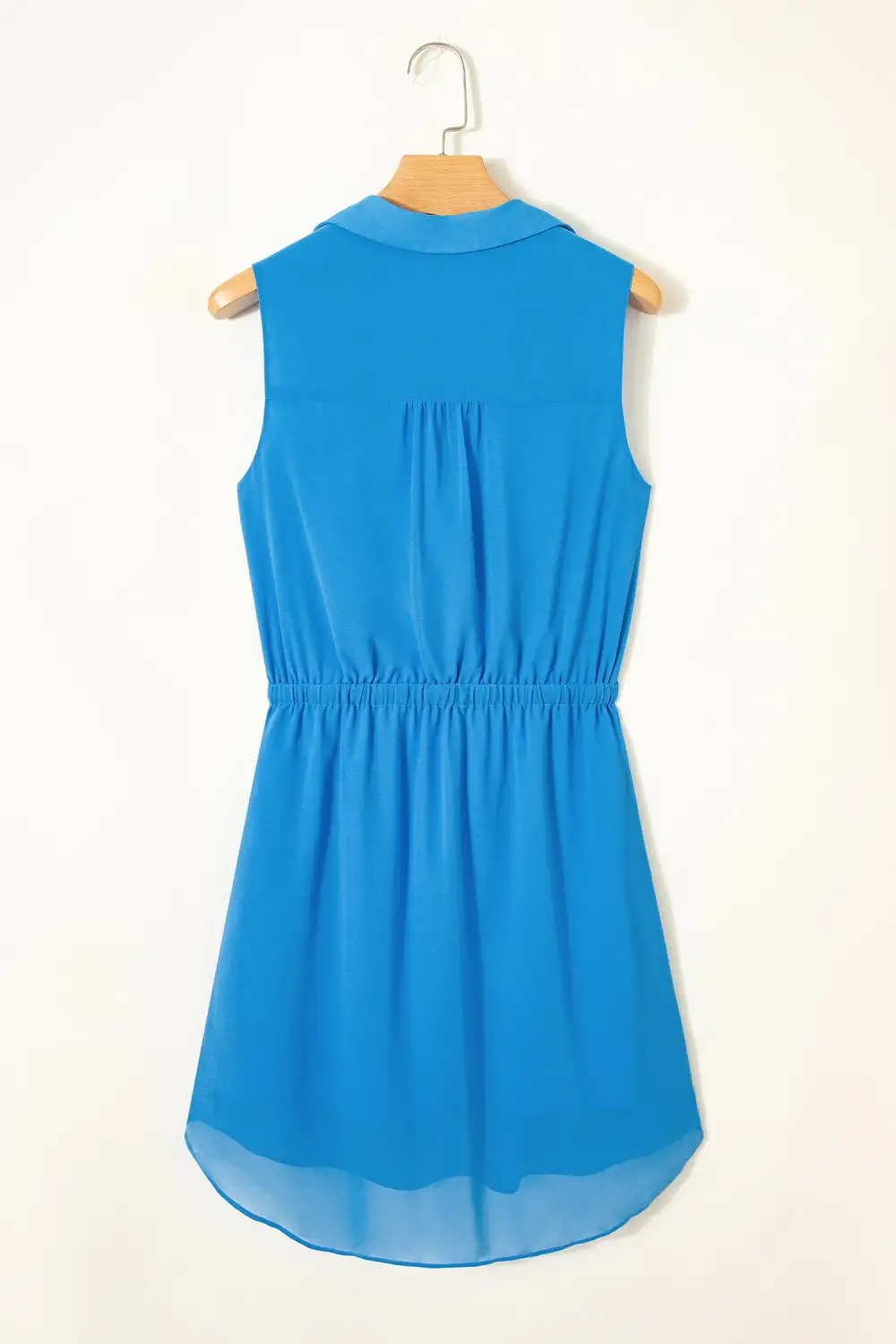 Half Buttons Collared Elastic Waist Sleeveless Shirt Dress