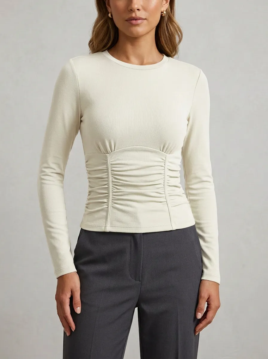 Waist-Ruched Ruched Corset-Style Long-Sleeve Top