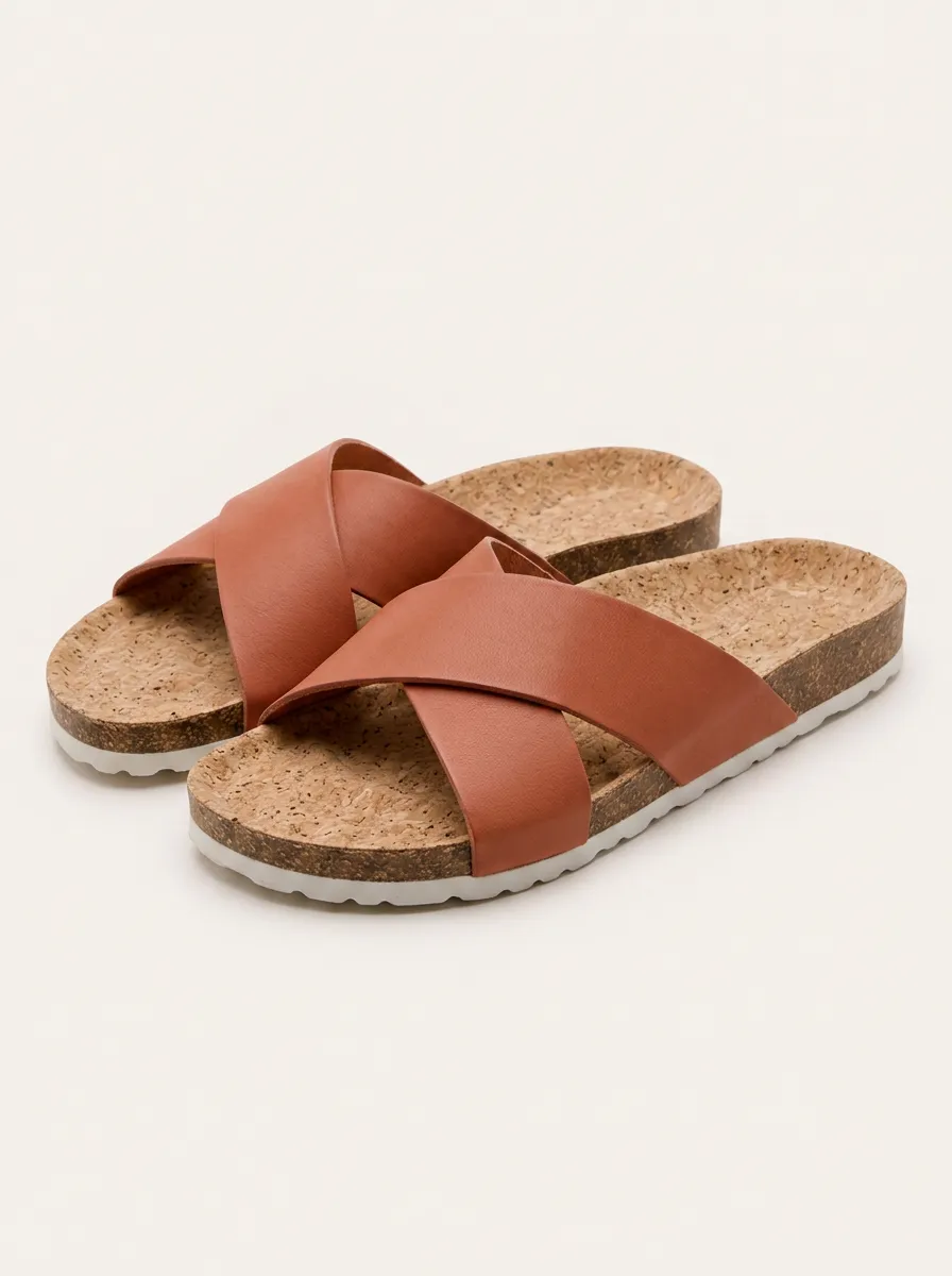 Women's Casual Summer Brown Cross Strap Cork Sandals