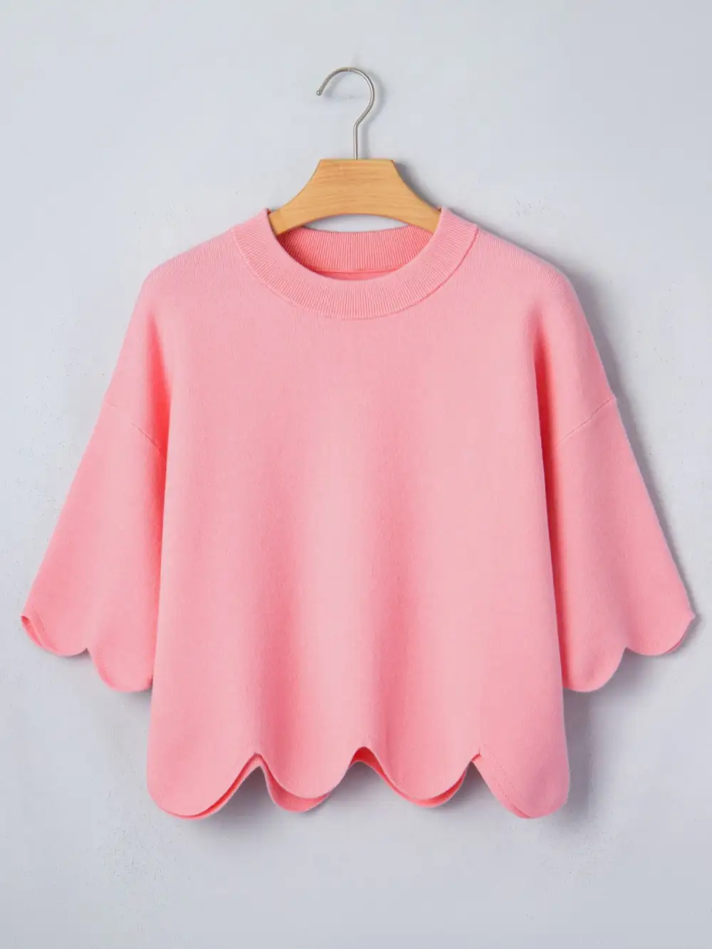 Scalloped Hem 3 4 Sleeve Sweater Top