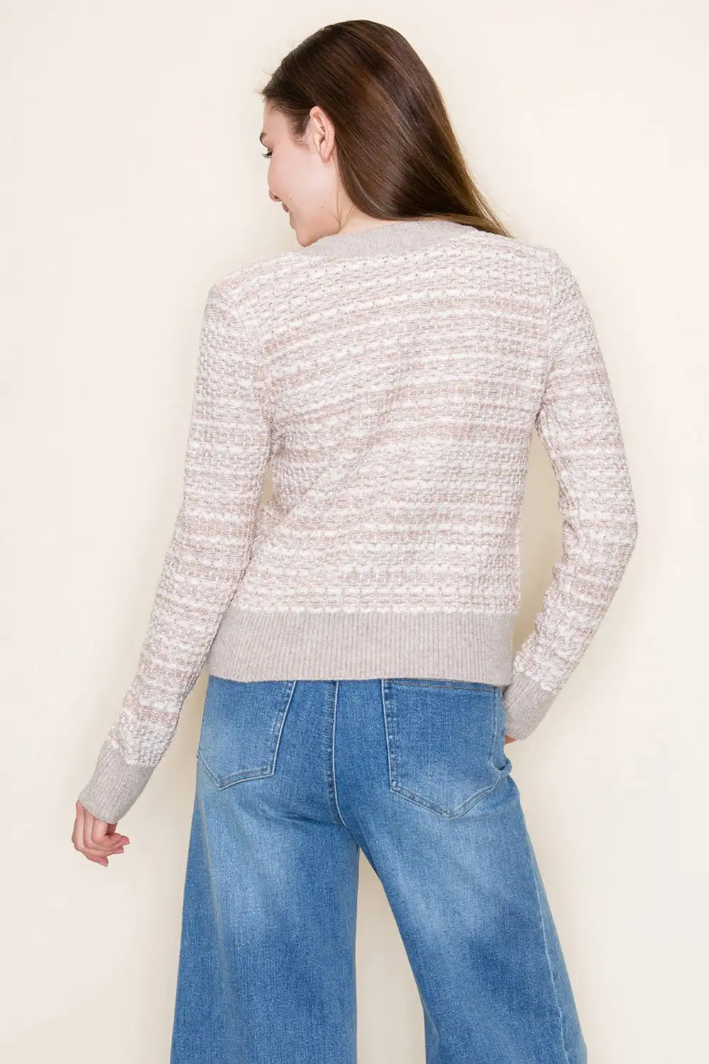 Ribbed Button Front Rhinestone Detail Pearl Detail Cardigan