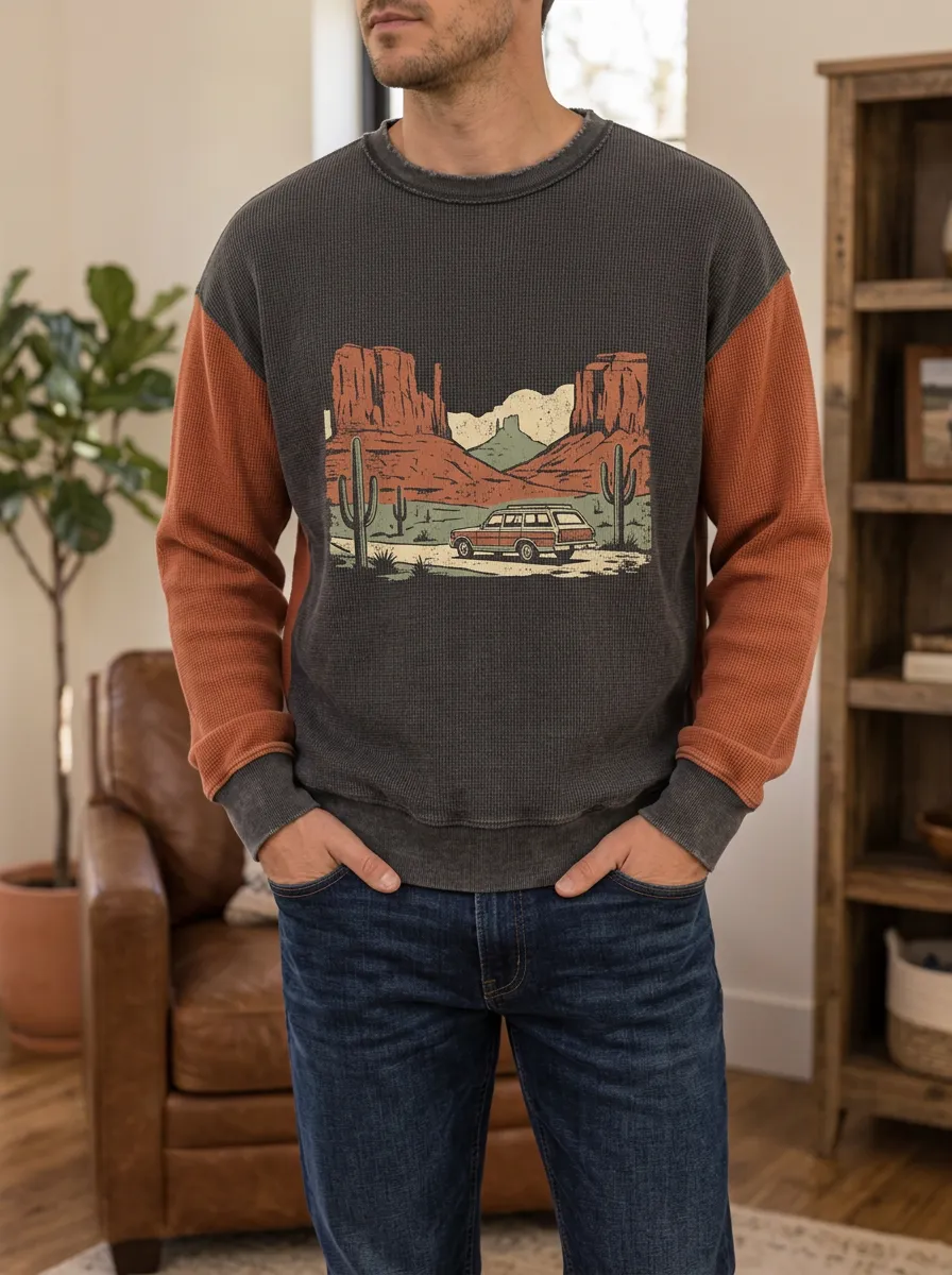 Men's Desert Road Trip Cactus Printed Waffle Knit Sweatshirt