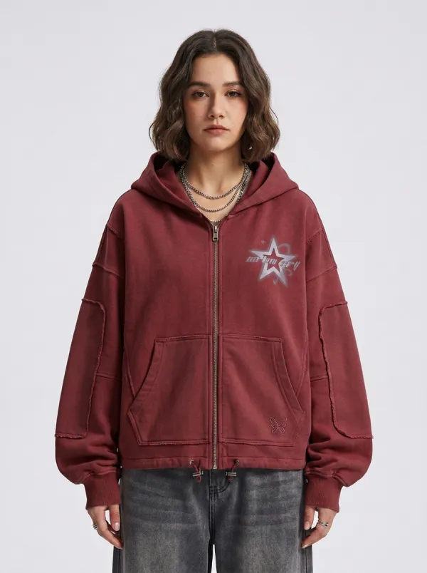 Women's Streetwear Y2K Star Butterfly Graphic Printed Zip-up Hoodie