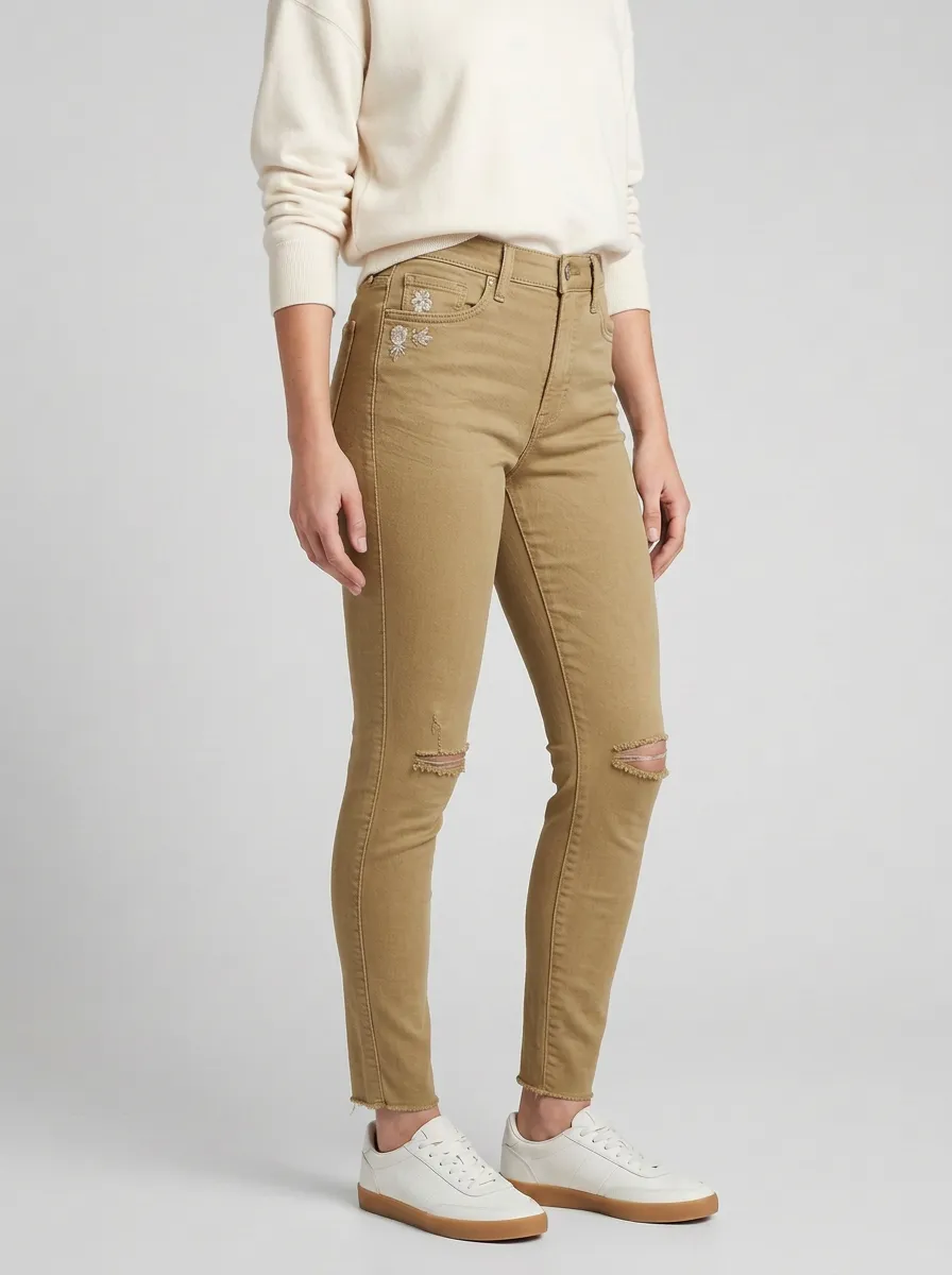 Women's Stone Floral Embroidery Distressed Printed Slim Jeans