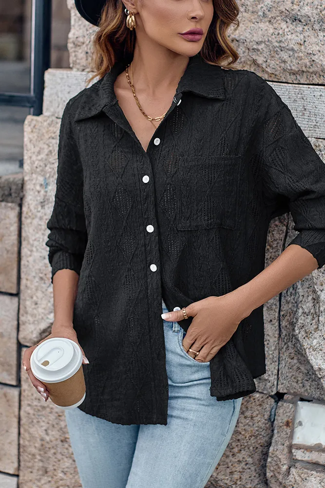 Eyelet Cable Button Shirt Blouse
