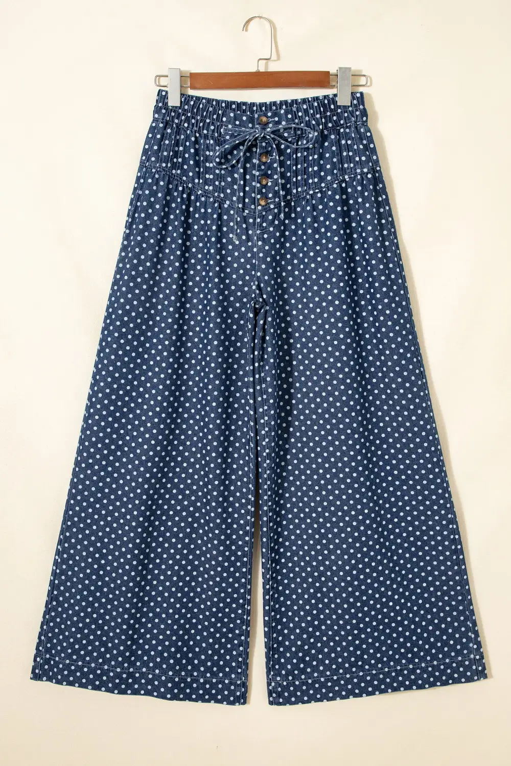 Women's Polka Dot Print Button Pleated Detail Wide Leg Jeans