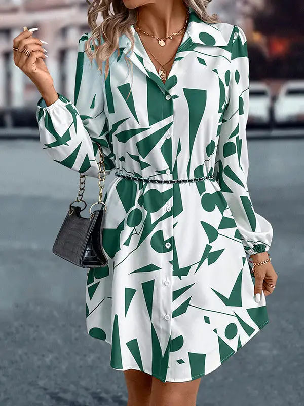 Relaxed Puff Sleeve Printed Split Joint Lapel Mini Dress Shirt Dress
