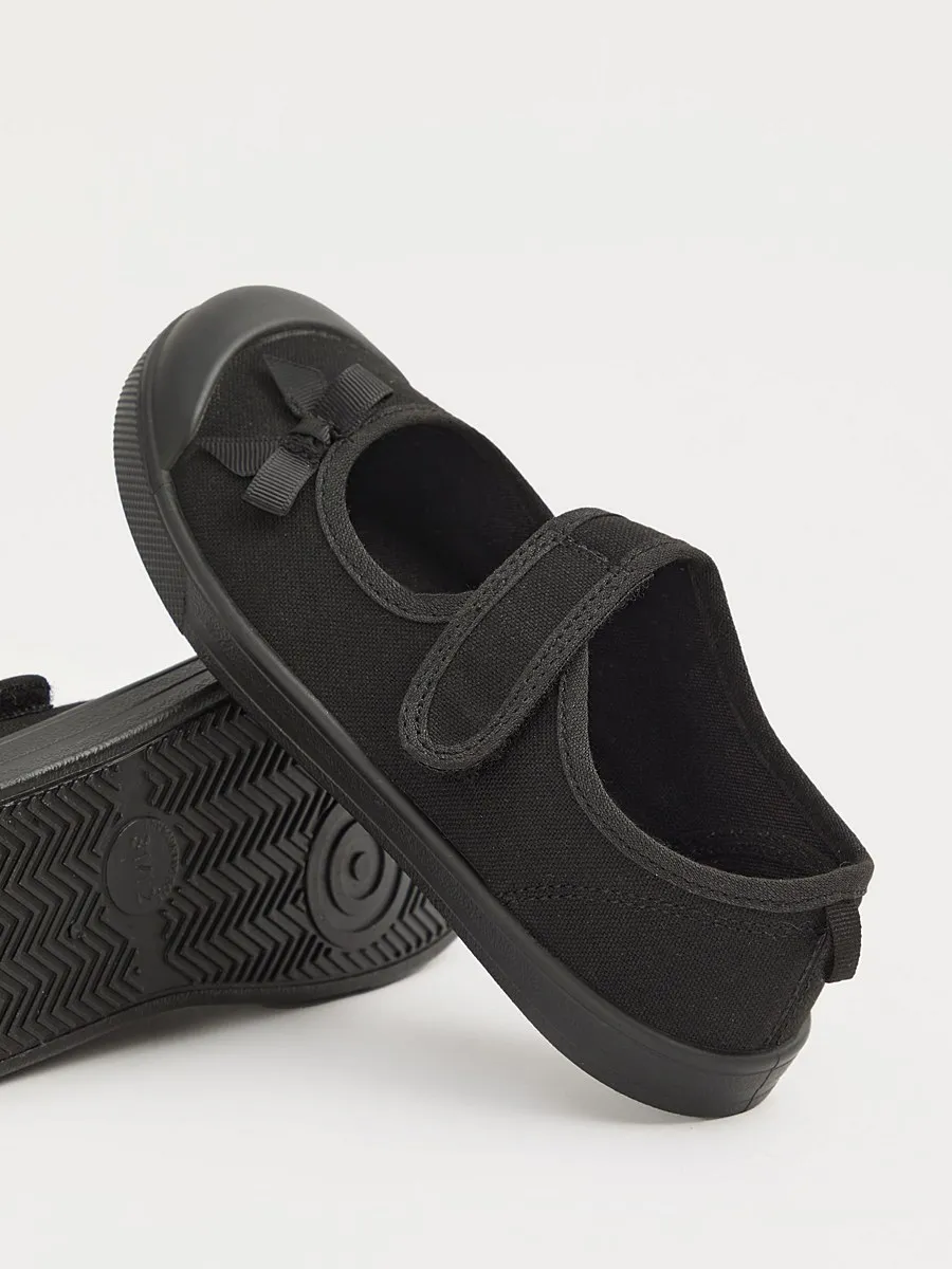 Wide Fit Black Bow Front Strap Plimsolls