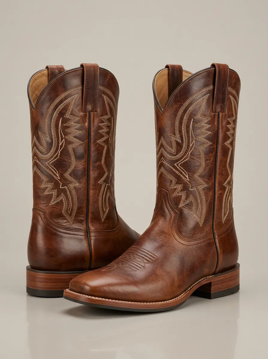 Men's Classic Western Brown Leather Stitched Pattern Boots