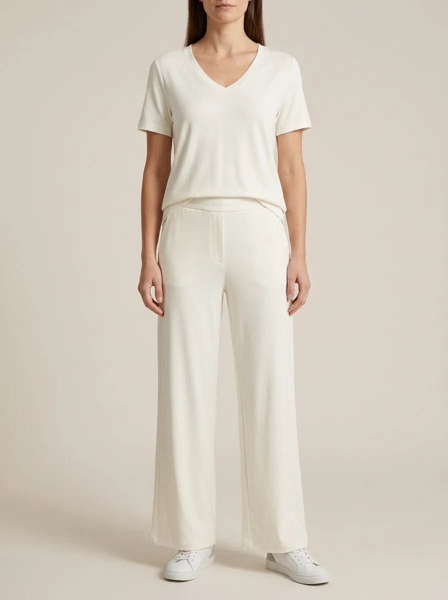 Women's Mid-Rise V-Neck T-Shirt and Wide-Leg Pants Set