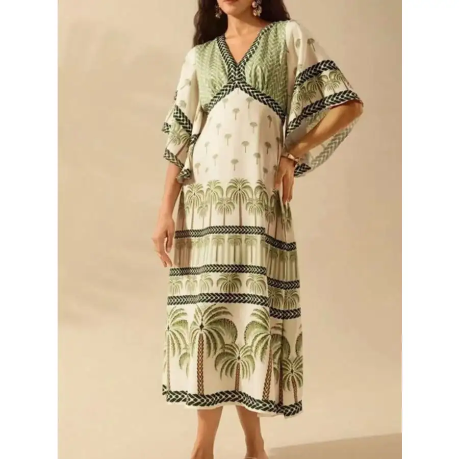 Palm Print V-neck Midi Dress