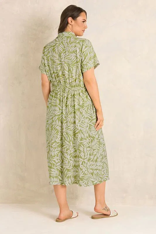 Green Leaf Print Linen Shirred Waist Midi Dress